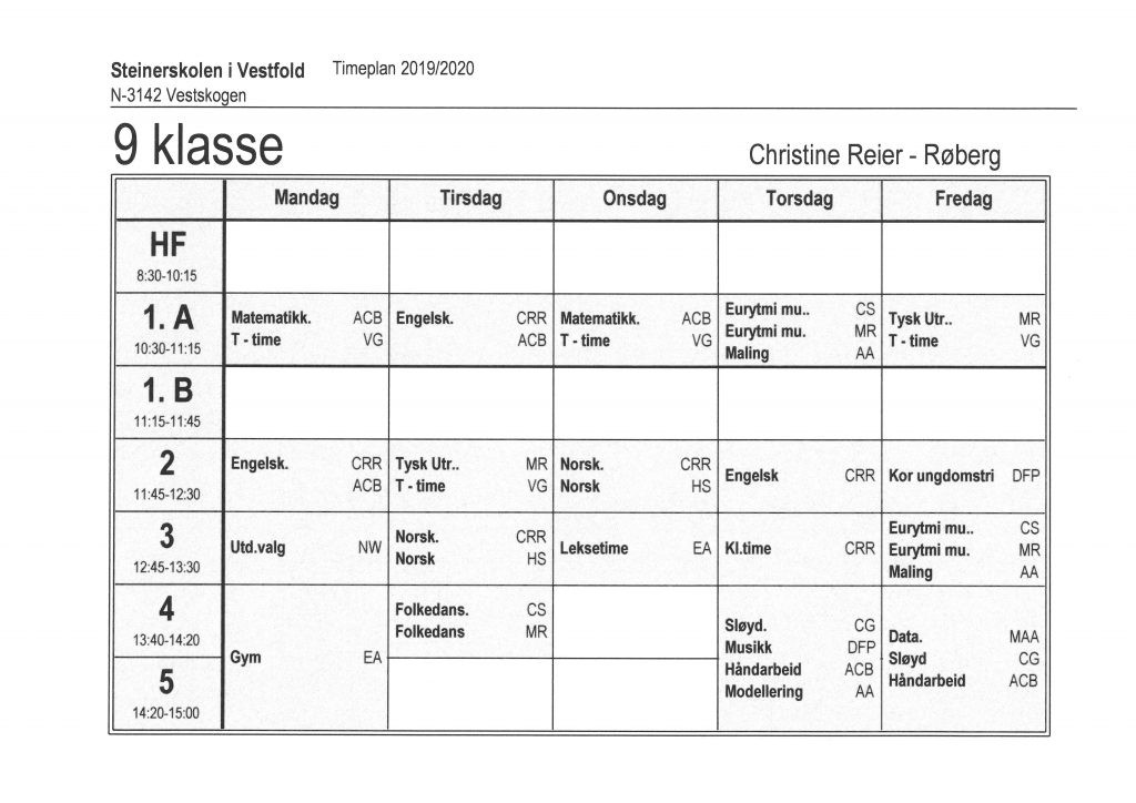Timeplaner ungdomstrinn Steinerskolen i Vestfold